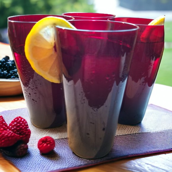 Ruby Red Highball Cocktails Glasses Set of-4 MCM Beverage Tumblers - Picture 5 of 9